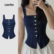 (NEW) Lovito Casual Denim Top Button Split Spring/summer Dark Blue Denim Top for Women L155ED1644 Lo