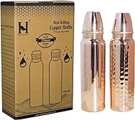 Set of Plain and Hammered Copper Water Bottle Thermos, 850 Ml (28.75 Fl Oz) UNLINED, UNCOATED and LACQURED-FREE for Ayurveda Health Benefits