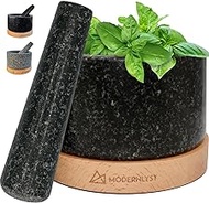 Modernlyst Mortar and Pestle Set | Create Unique Dishes | Beautify Kitchen | Grinder Pestle and Stone Grinding Bowl | Polished Granite with Wood Base Large