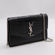 YSL 鱷魚壓紋信封鍊包 - 黑銀