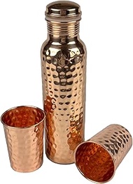 IRAM Pure Copper Water Bottle for Drinking with 2 Copper Glass Premium Quality Handcrafted Large Hammered Copper Bottle and Glass Set