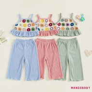 MANGO-Toddler Baby Girl Summer Outfit Crochet Flower Ruffled Spaghetti Straps Tops and Wide-Leg Pant