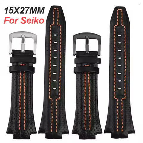 Genuine Leather Wristband for Seiko SNL021P1 SNL017P1 SNA595P2 SNL029P2 Waterproof Watchband Black W