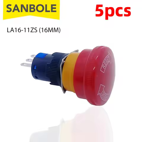 5Pcs LA16-11ZS 16mm Red Mushroom Head Latching Emergency Stop Push Button Switch 3-Pin 1NO1NC