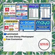 GCash! Maya! Load Na Dito! Pay Bills! and more! Laminated Business Store Signages(A4 Size)