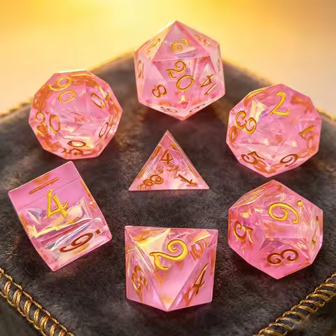 7pcs Pink Resin Dice with Golden Numbers, Featuring Sharp Edges, Perfect for Rpgs, DND, Pathfinder, 