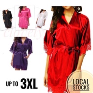 💜LOCAL READY STOCK💜 Women Sexy Silk Satin Lace Sleepwear Pajamas Robes Nightdress Bathrobes Lingerie GString Jubah Tidur