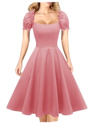 Women's Puff Short Sleeve 1950s Party Dresses Square Neck Aline Dress with Pockets