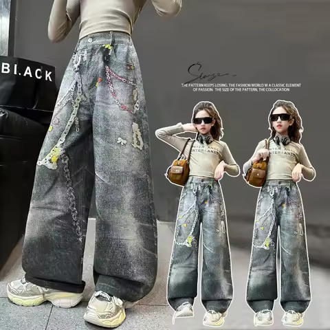 Girl Jeans Ages 4-14Y Teenage Denim Teenage Child Vintage Trouser Toddler Fashion 3D Printed Denim K