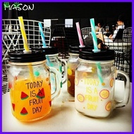 ◸ ◈ 500ml Colored Mason Jar With Reusable Straw Bottle Glass Mug Emboss Cold Drink Summer Collectio