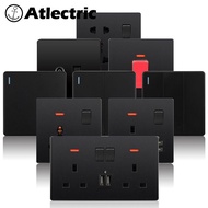 Atlectric 1 2 3 4 Gang Light Switch 20 45A Air Conditioner Switch Wall Power Socket With Dual USB Outlet Black Plastic Frame Double Socket