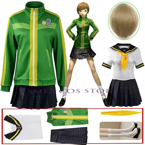 Chie Satonaka Cosplay Anime PP4 Cosplay Costume Woman Chie Green Coat Skirt Top Prop Wig Set Party P
