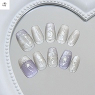 89RXBMY Fake Nails, Purple Star and Moon French False Nails, Manicure Long Square Wave Detachable Pr