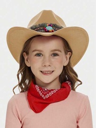 1頂西部風格boho流蘇溫暖裝飾牛仔帽,適合3-8歲兒童的派對和日常使用