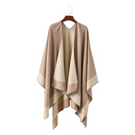 Women Warm Shawl Wrap Fall Winter Double-Sided Open Front Cape with Color Contrast Multiple Ways to