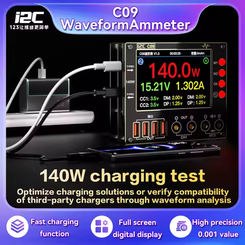 I2C C09 Waveform Ammeter 0-40V Input Dual Channel Voltage Current Tester 140W Charging Test Fast Dio