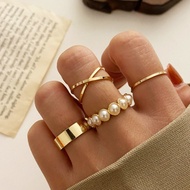4Pcs/Set Vintage Pearl Ring Set for Women Retro Gold Knuckle Rings Bohemian Aesthetic Finger Ring Fa
