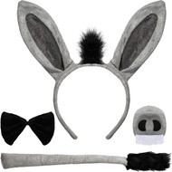 4 Pcs Donkey Costume Accessory Set Donkey Ears Headband Tail Nose Bow Tie Animal Costume for Hallowe