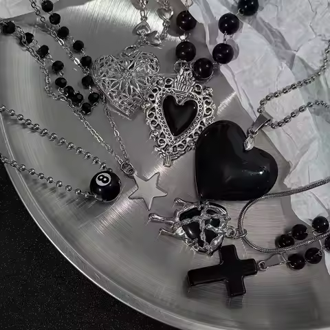 Dark Aesthetic Jewelry Pack Black Onyx Heart Filigree Locket & Evil Eye Charm Necklaces for Grunge O