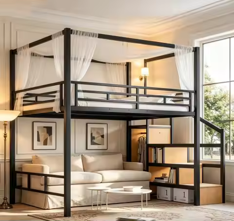 Bellemave Queen loft Bed with Storage Stairs, Wardrobe, Canopy Support Pole, Metal Queen Loft Bed Fr