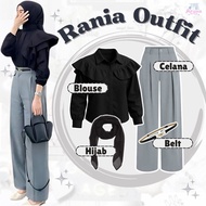 4in1 Simple Teenage Set (Ruffle Blouse, Knit Pants, Bella Square, Belt, Bag) Cool Women's Outfit AS4