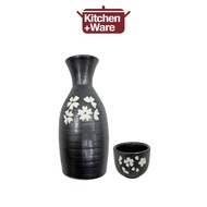 Cerabon Porcelain Sake Cup and Sake Bottle with Flower Print / Japanese Sake Flask Wine Cup