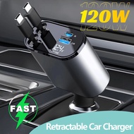 120W Car Charger 4 in 1 Car Fast Charger with Retractable Cables for IPhone Type C Charger Power Ada