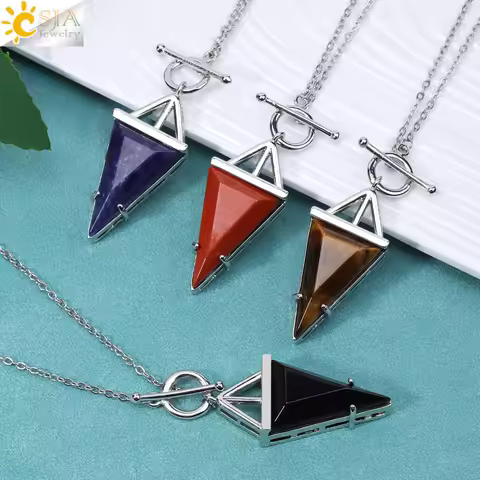 CSJA Vintage Triangular Prism Crystal Necklace Adjustable Natural Stone Rose Quartz Necklaces for Wo