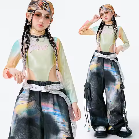 2025 Girls Jazz Dance Clothes Fashion Kpop Stage Show Outfit Colorful Top Baggy Pants Children Hip H