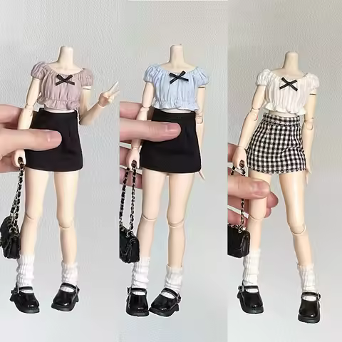 DLBell Fashion Blythe Clothes Off Shoulder Bow Top and mini Plaid Short Skirt for Blythe OB24 Licca 