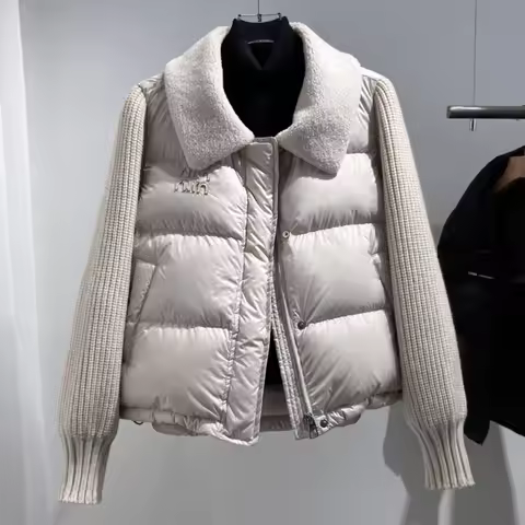Autumn Winter Clothing Women Fashion Warm Thick White Duck Down Coat Female Knitted Long Slevee Puff