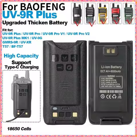 For BAOFENG UV-9R Plus Upgrade Li-ion Battery USB-C Charging Thicken Battery for UV-9R Pro UV-9G GMR