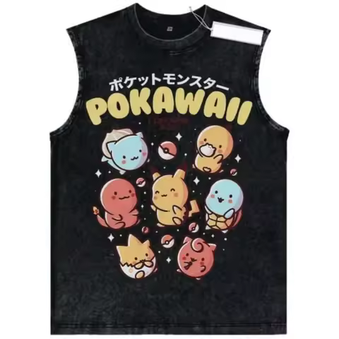 Vintage Washed Pokemon Tank Top Men Women Retro Anime Graphic Sleeveless Vest Casual Streetwear Brea