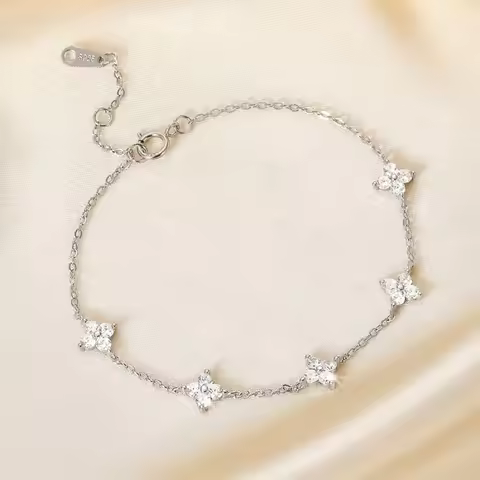 925 Silver Plated Cz Four-leaf Flower Bracelet for Women Girl Cute Dainty Adjustable Link Chain Tren