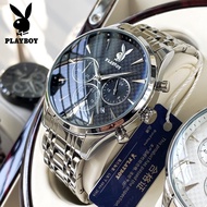 【PLAYBOY】นาฬิกาข้อมือผู้ชายกันน้ำ 2022 ใหม่ของแท้แบรนด์มัลติฟังก์ชั่นเทรนด์แฟชั่นหรูหราส่องสว่างสแตนเลสนาฬิกาควอทซ์ Black
