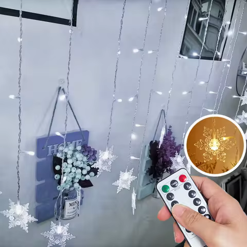1PC 5.5M/9M Christmas Snowflakes LED String Lights Fairy Curtain Lights USB with Remote Control 8 Mo