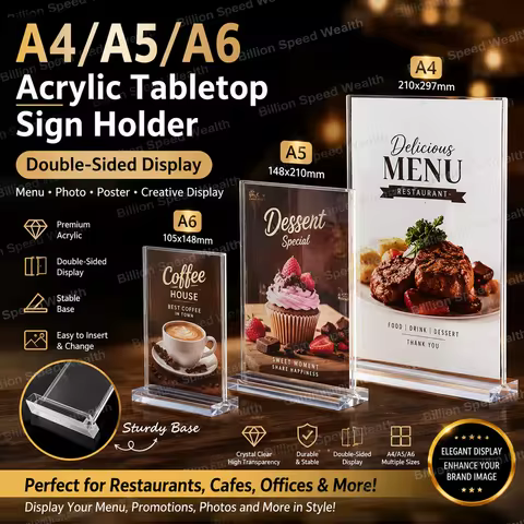 A4/A5/A6 Table Top Acrylic Sign Holder Double Sided Menu Paper Display Stand With Base Creative Pict