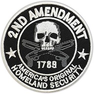 Morton Home Homeland Security Embroidered Patch is a Skull Over Crossed Guns with The Words"2nd Amen