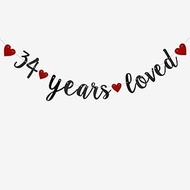34 Years Loved Banner, Pre-Strung, Black Glitter Paper Banner for 34th Birthday Party 34th Wedding A