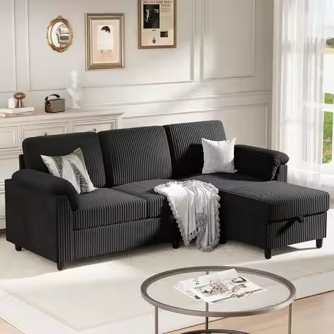 79 Sectional Sofa with Ottoman L Shaped Couch Armrests Storage 3 Seater for Apartment Living Room Bl