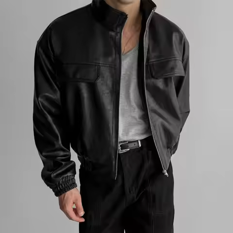 Men's Faux Leather Bomber Jacket Stand Collar Motorcycle Jacket