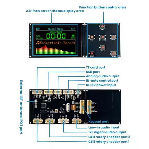 ​2.8-inch TFT Color Diplay Bluetooth MP3 Lossless Digital Audio Player Decoder Board Module with I2S