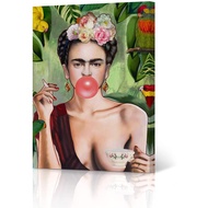 Frida Kahlo Canvas Wall Art Print Half Woman with Bubble Gum Smokes In Jungle Portrait Pop Art Paint