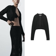Zaraจบฤดูร้อนใหม่คอปกตั้งทรงหลวมสีดำกลวงถักเสื้อแจ็คเก็ตบอมเบอร์สั้น6216100