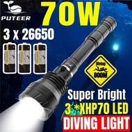 Puteer Flashlight Waterproof Diving Yellow Light Flashlight Underwater Diving Flashlight XHP70 LED w