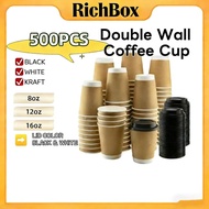 500pcs】Double Wall Coffee Cup (8oz 12oz 16oz) With Lid Cover Disposable Coffee Mug Cup