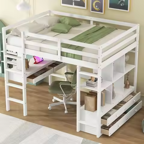 White Full Loft Bed with Desk and Storage, Wooden Full Size Loft Beds with Bookcase and Shelves, Sui