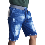 Celana Jeans Pendek Pria Model Sobek Pinggang Karet Kolor Melar Rip Jean Sobek Brown Biru Tua Ice Bl