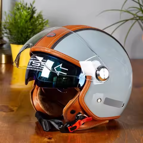 Jet Helmet DOT Open Face Helmet Men Women Retro 3/4 Leather Motorcycle Helmets Cafe Racer Half Face 