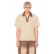 Unisex boxy STRIPED zipper polo shirt - BEUTER HALF ZIP STRIPED POLO - BEIGE